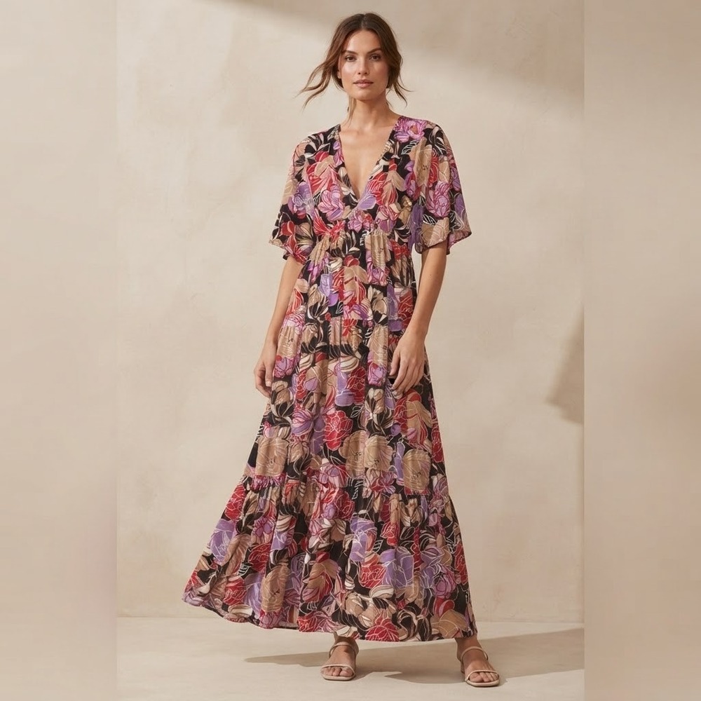 Entro Floral Maxi Dress Womens Large V-Neck Short Sleeve Tiered Bohemian Dress